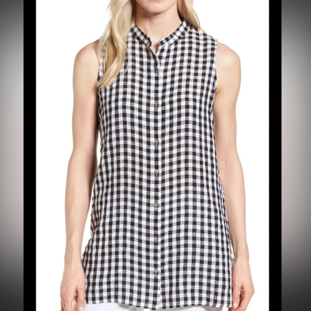 Eileen Fisher Black Gingham Organic Linen Minimalist Style Shirt